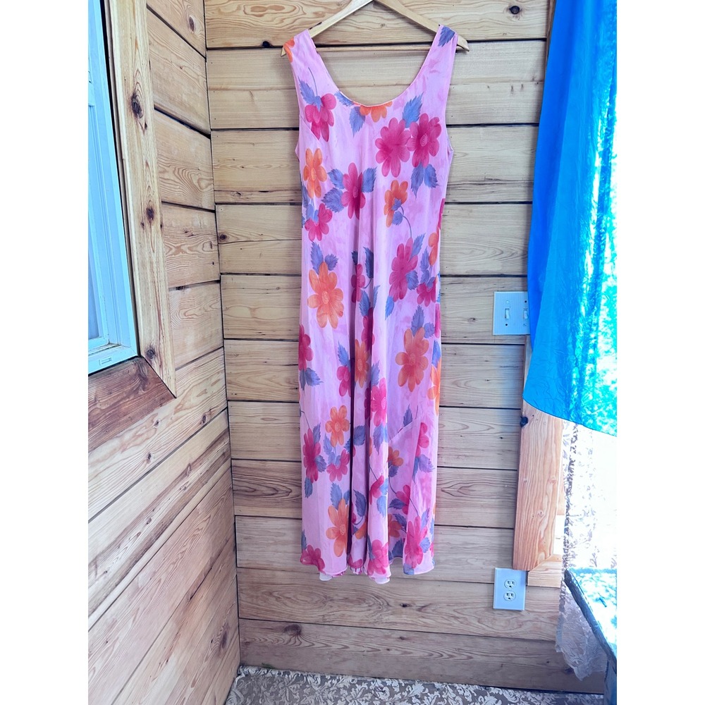 Vintage Pink Floral Reversible Maxi Dress Sleeveless Chiffon Sheer Overlay Boho